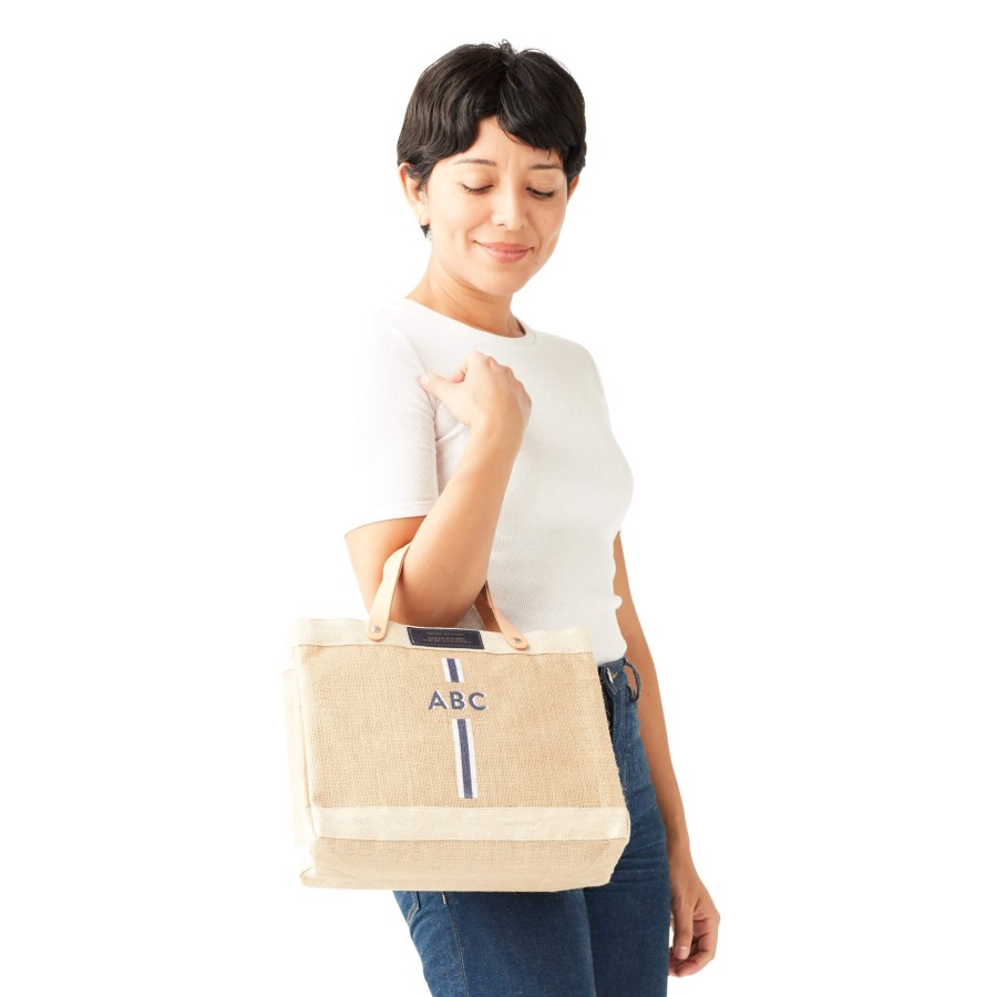 Small | WeProduce Petite Market Bag In Natural With Blue Monogram