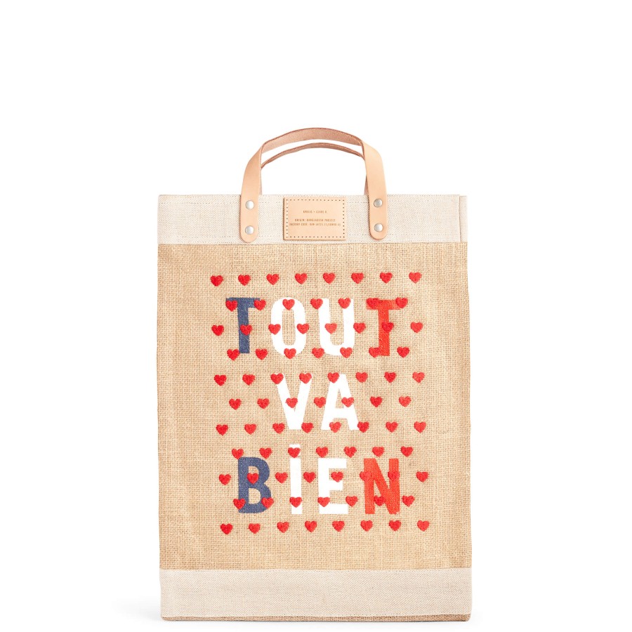 Large | WeProduce Market Bag In Natural For Clare V. "Tout Va Bien" With Heart Embroidery