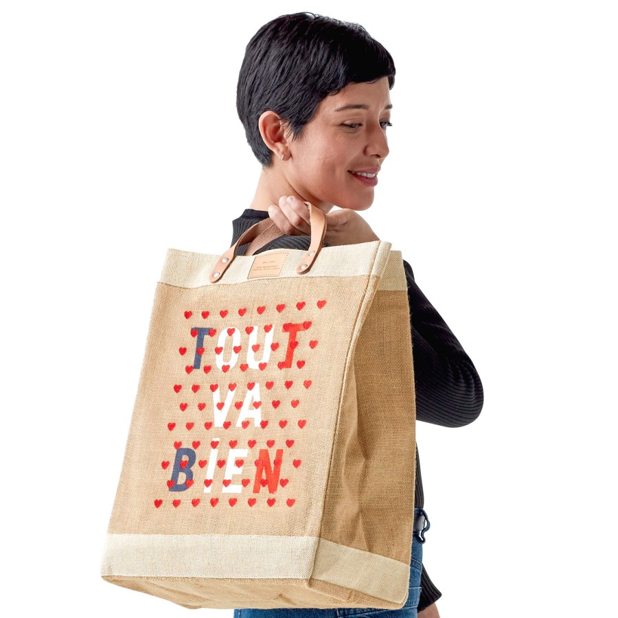 Large | WeProduce Market Bag In Natural For Clare V. "Tout Va Bien" With Heart Embroidery