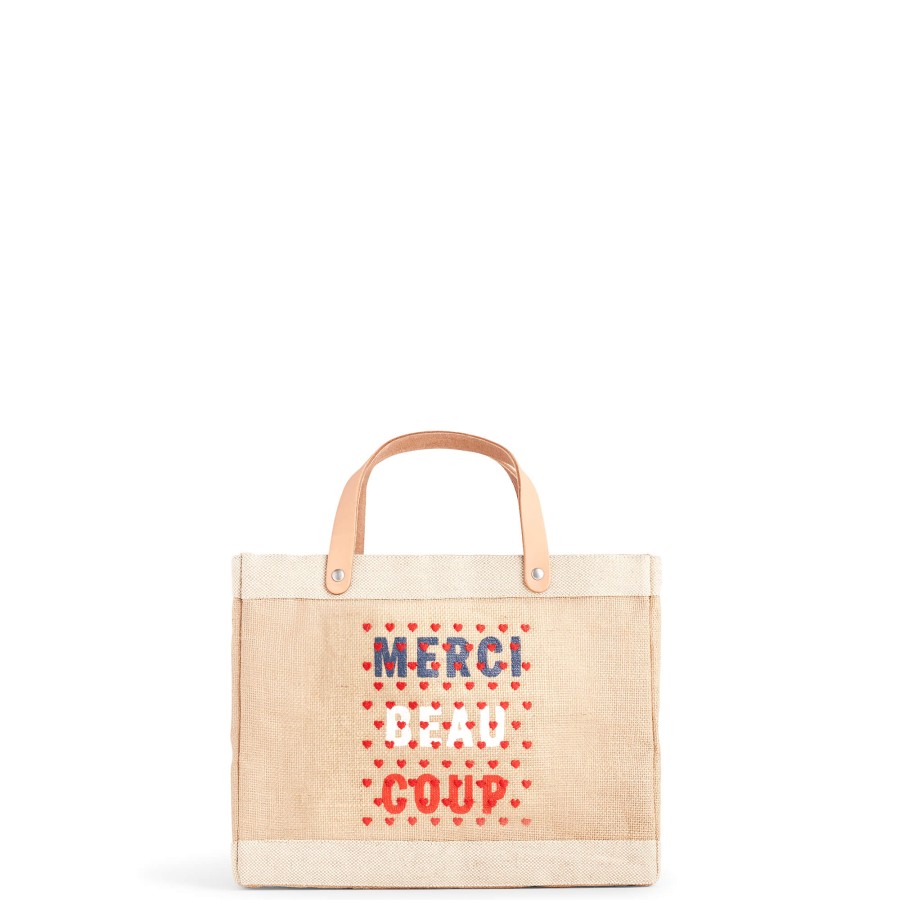 Small | WeProduce Petite Market Bag In Natural For Clare V. "Merci Beau Coup" With Heart Embroidery