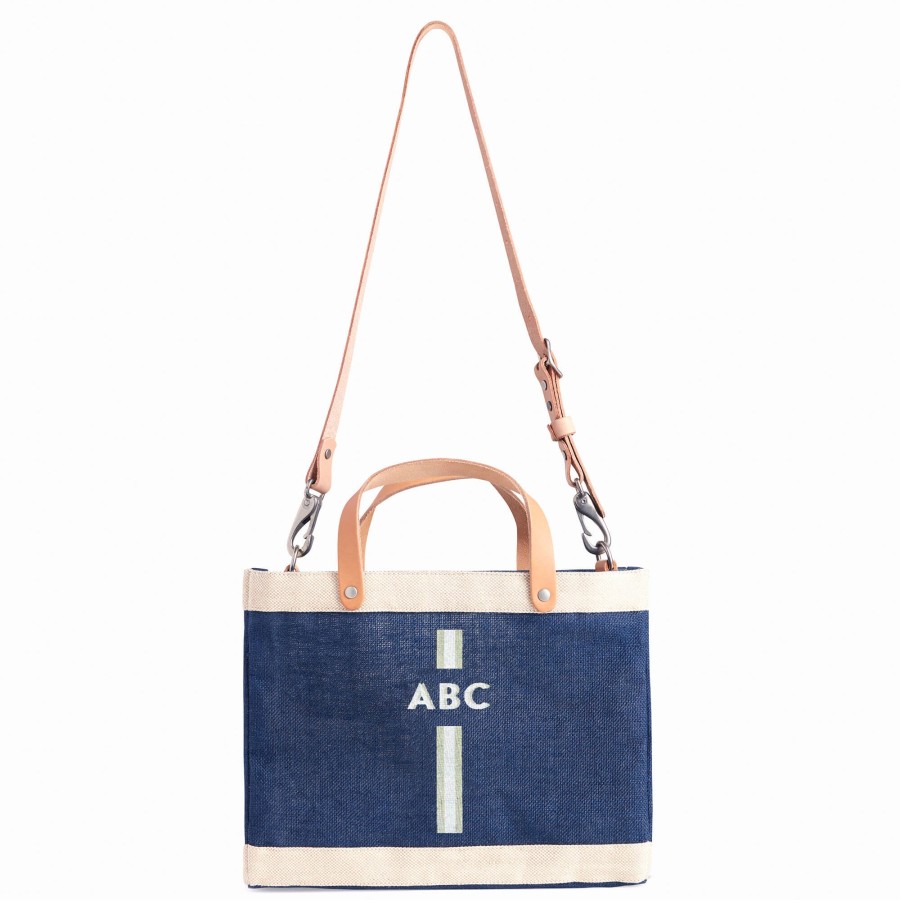 Small | WeProduce Petite Market Bag In Navy With Strap And Monogram