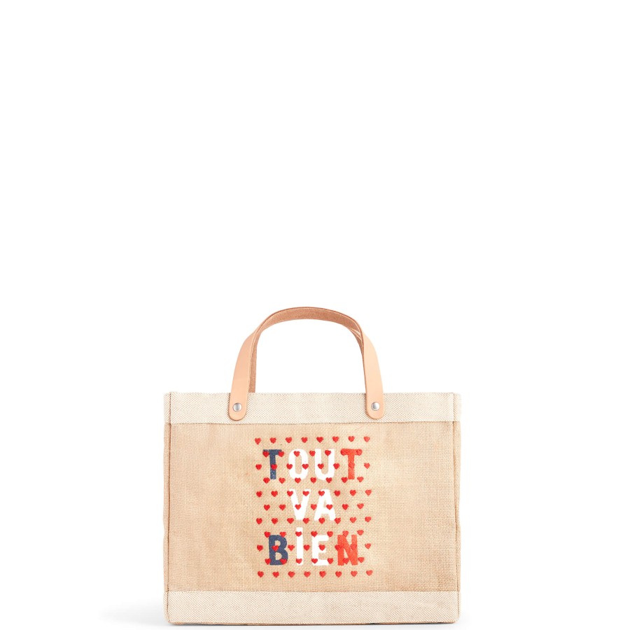 Small | WeProduce Petite Market Bag In Natural For Clare V. "Tout Va Bien" With Heart Embroidery