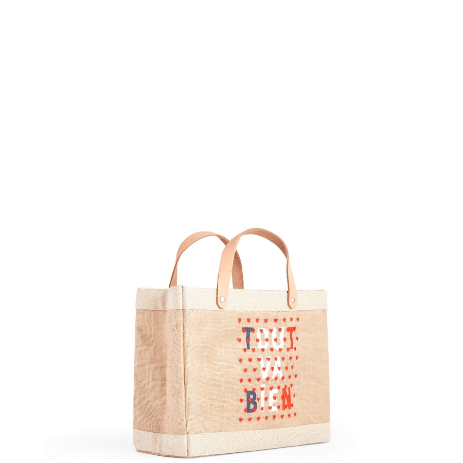 Small | WeProduce Petite Market Bag In Natural For Clare V. "Tout Va Bien" With Heart Embroidery