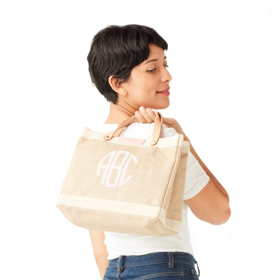 Small | WeProduce Petite Market Bag In Natural With Pink Round Monogram