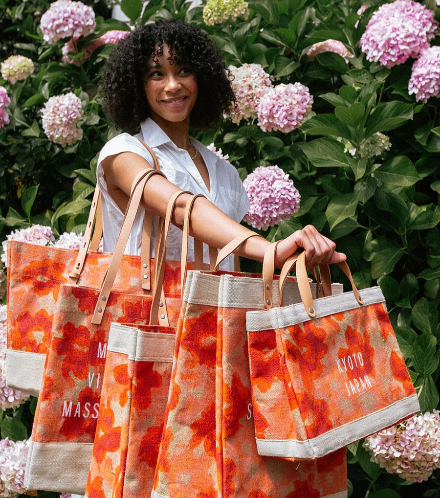 Medium | James Cardenas Market Tote In Bloom By Liesel Plambeck With Natural Embroidered Heart