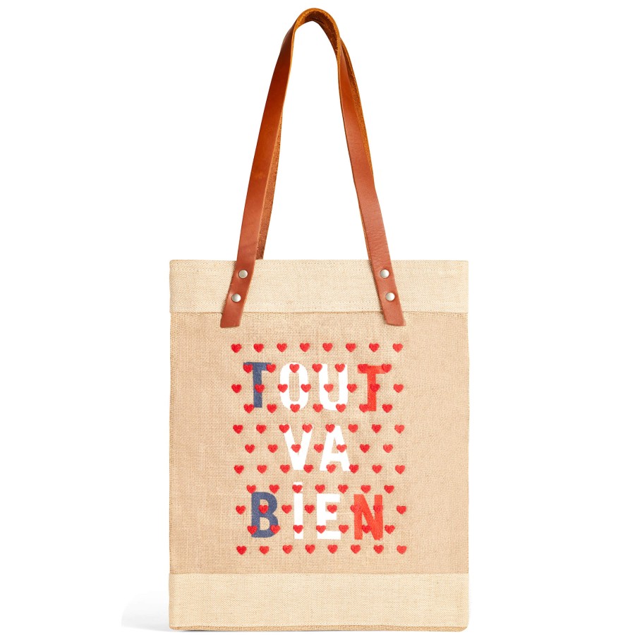 Medium | WeProduce Market Tote In Natural For Clare V. "Tout Va Bien" With Heart Embroidery