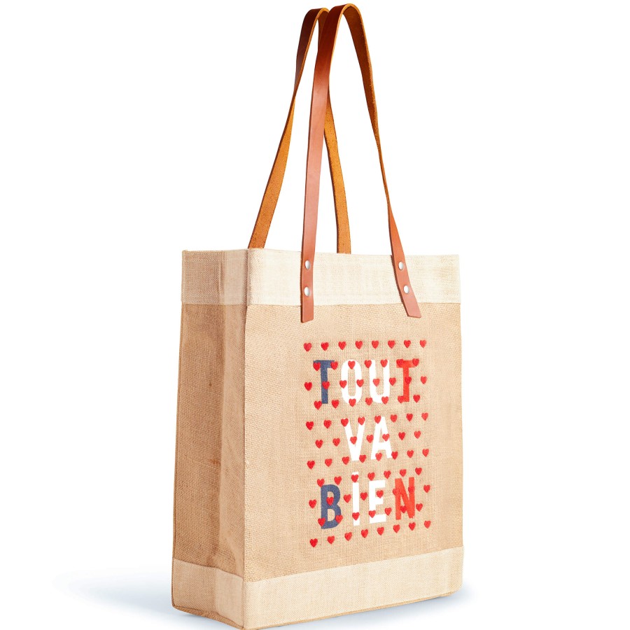 Medium | WeProduce Market Tote In Natural For Clare V. "Tout Va Bien" With Heart Embroidery