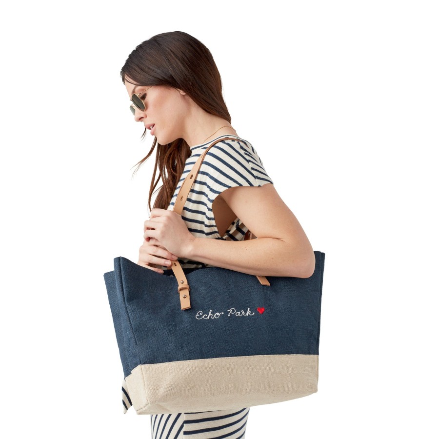 Medium | James Cardenas Shoulder Market Bag In Navy With Embroidery