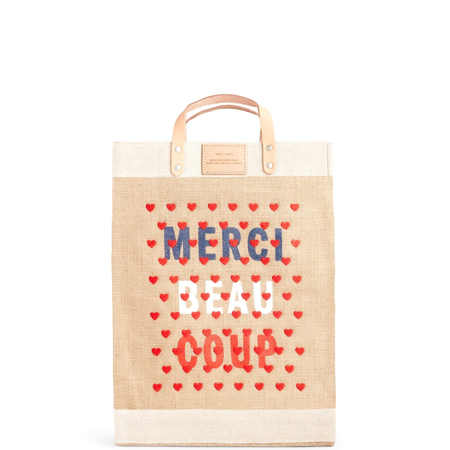 Large | WeProduce Market Bag In Natural For Clare V. "Merci Beau Coup" With Heart Embroidery