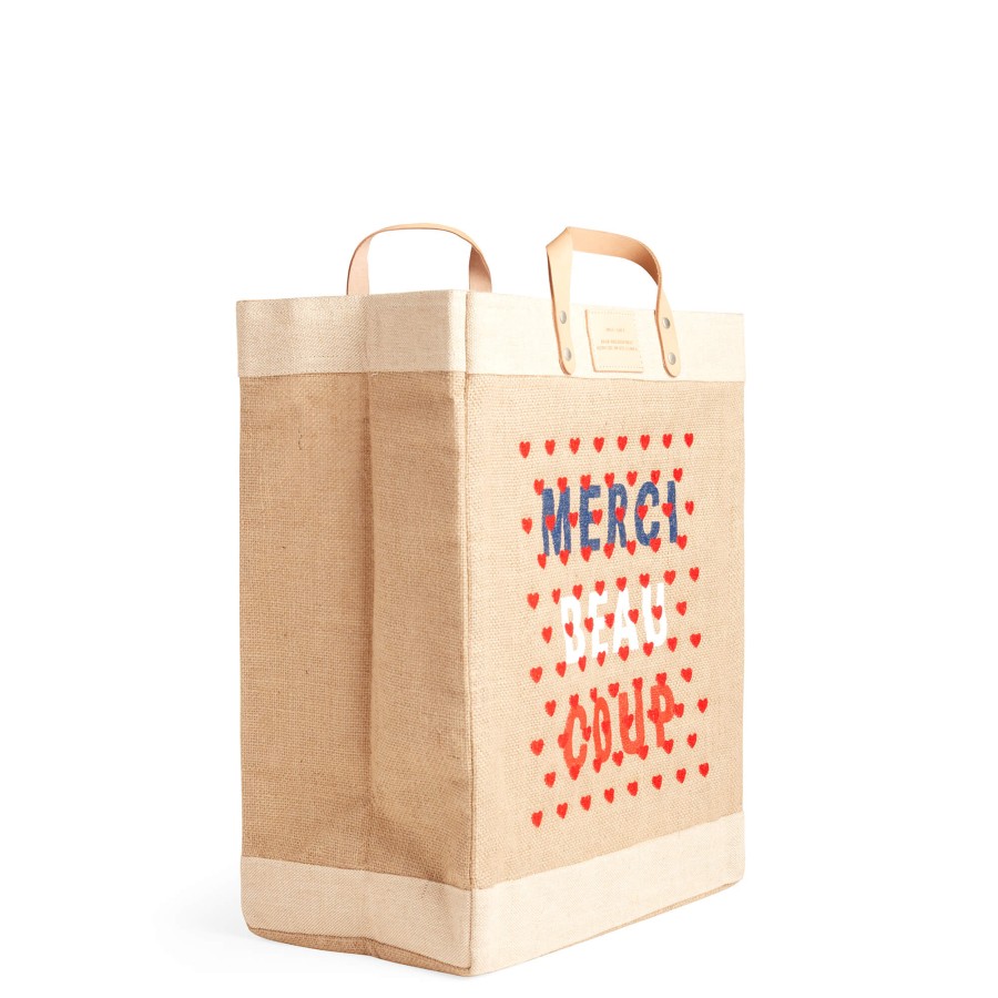 Large | WeProduce Market Bag In Natural For Clare V. "Merci Beau Coup" With Heart Embroidery