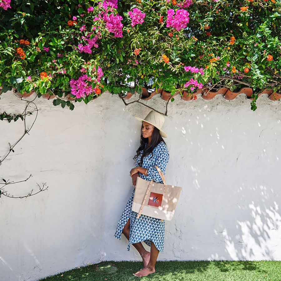 Medium | WeProduce Shoulder Market Bag In Natural "Alphabet Collection" With Ivory Leather