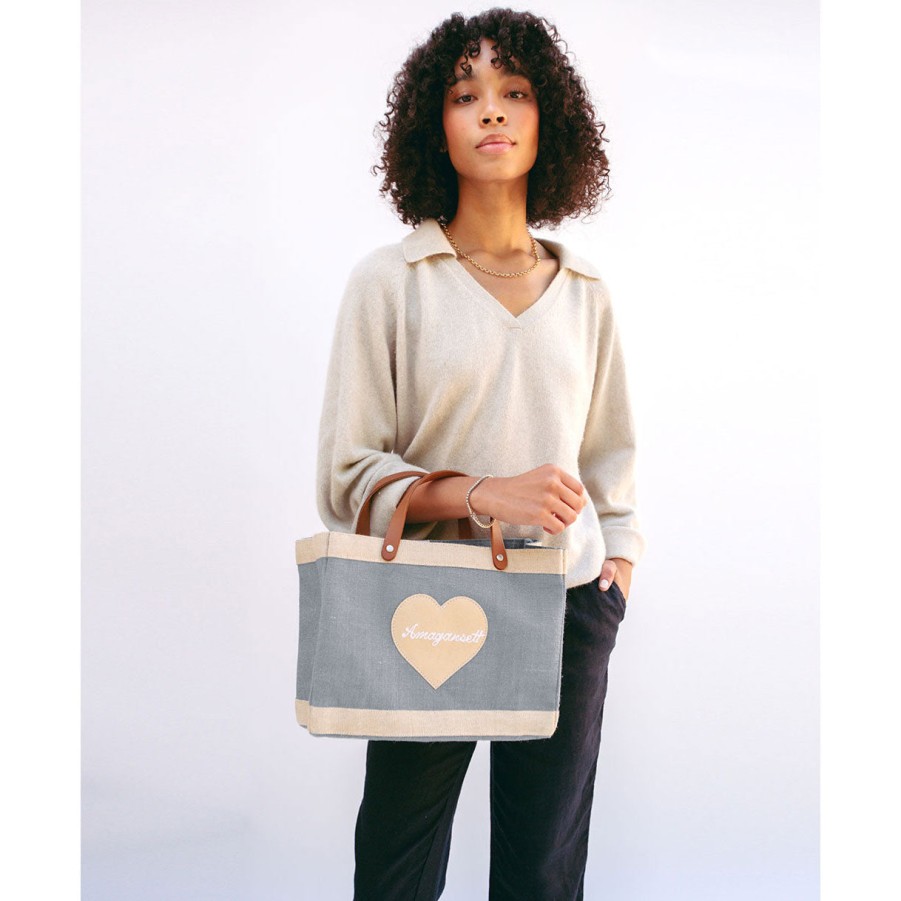 Small | James Cardenas Petite Market Bag In Cool Gray With Embroidered Heart