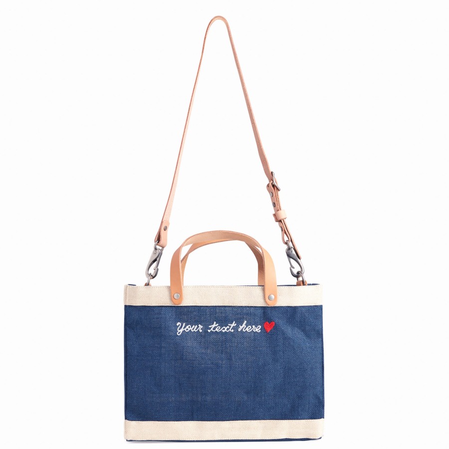 Small | James Cardenas Petite Market Bag In Navy With Strap And Embroidery