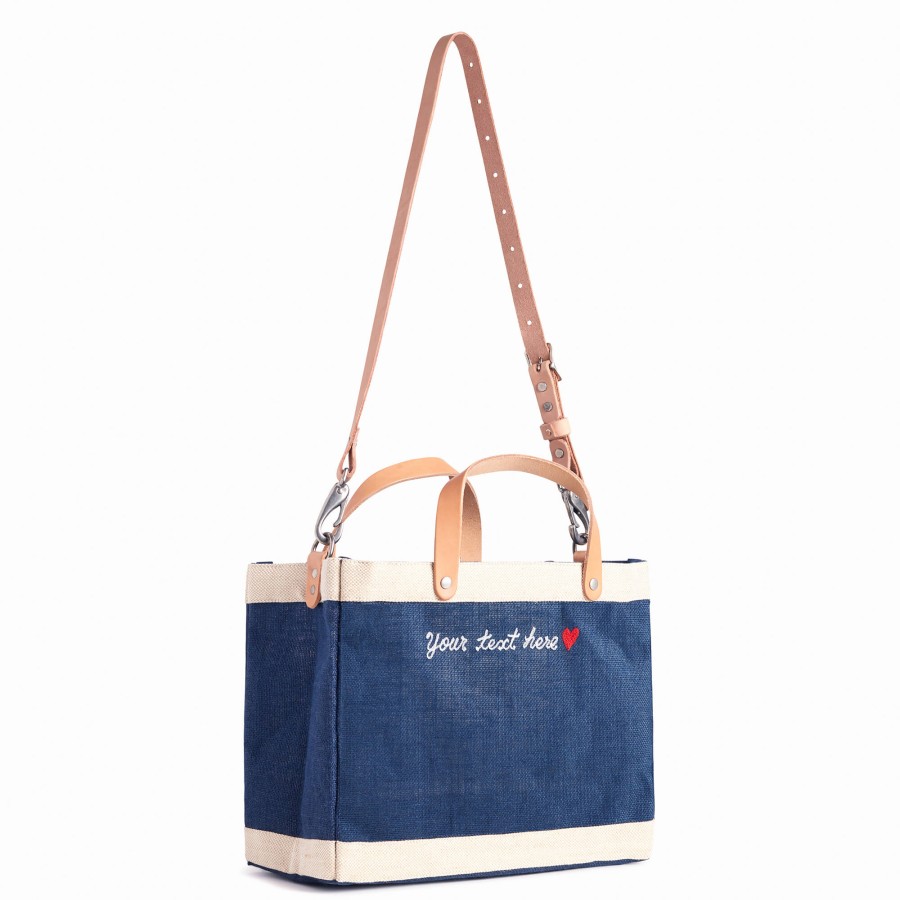 Small | James Cardenas Petite Market Bag In Navy With Strap And Embroidery