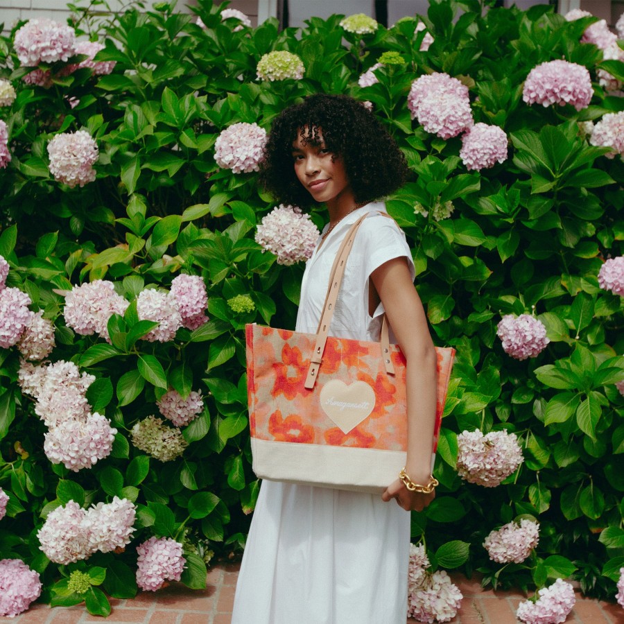 Medium | James Cardenas Shoulder Market Bag In Bloom By Liesel Plambeck With Natural Embroidered Heart