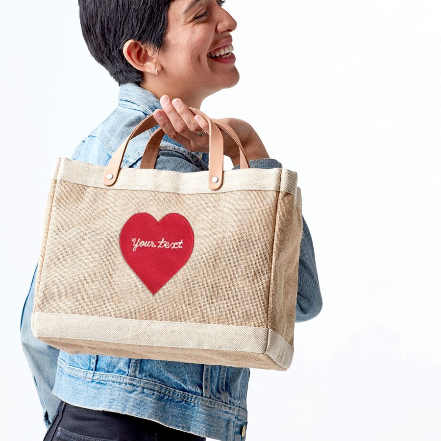 Small | James Cardenas Petite Market Bag In Natural With Embroidered Heart